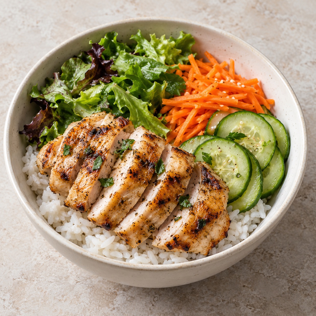 A bowl of steamed rice with grilled chicken, cucumber, carrots, and greens.