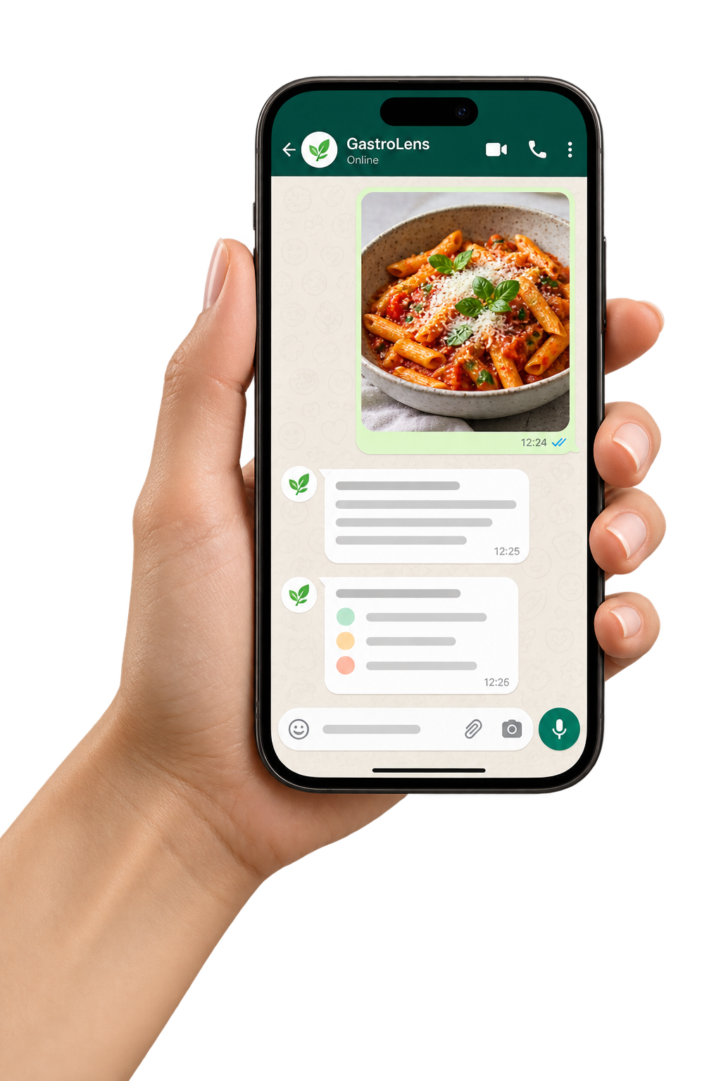 Hand holding a smartphone with a WhatsApp-style GastricLens conversation showing a tomato pasta meal photo.